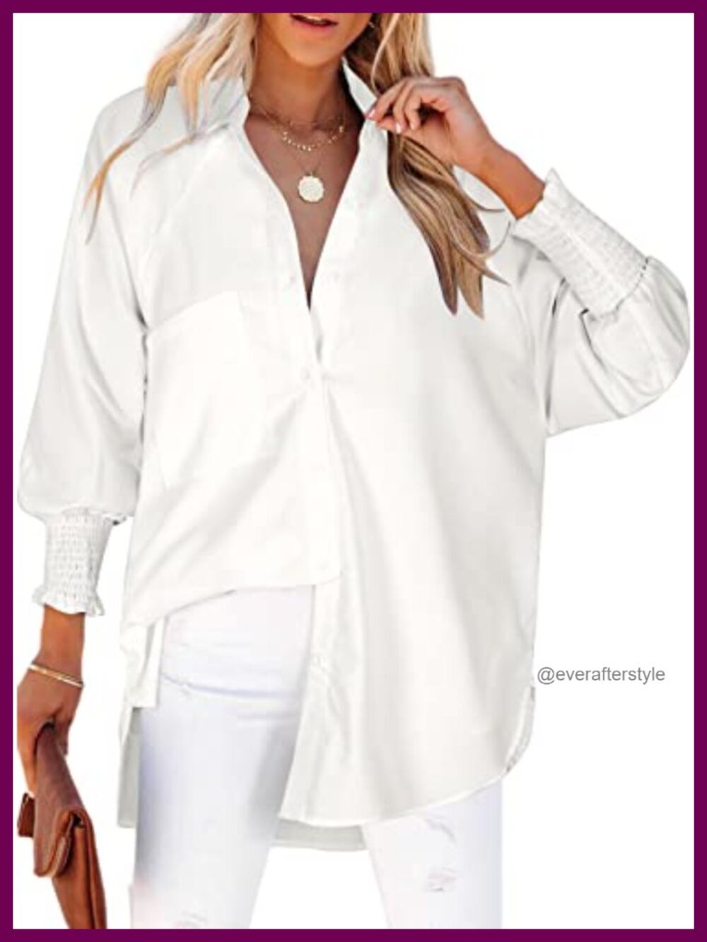 Womens Oversized Button Down Blouse Smocked Cuff Long Sleeve Top